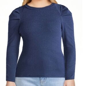 Blue Silver Striped Pleated Puff Shoulder Long Sleeve Top XL NWT
